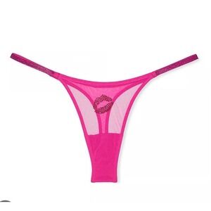 Victorias Secret Nwt Sexy Fuchsia Frenzy Mesh w/ Lips + Shine Strap Thong Panty
